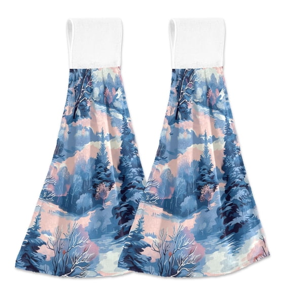 2 Pcs Kitchen Hand Towels with Hanging Loops Absorbent Soft Fast Drying Decor Bath Towels Tree in Snow