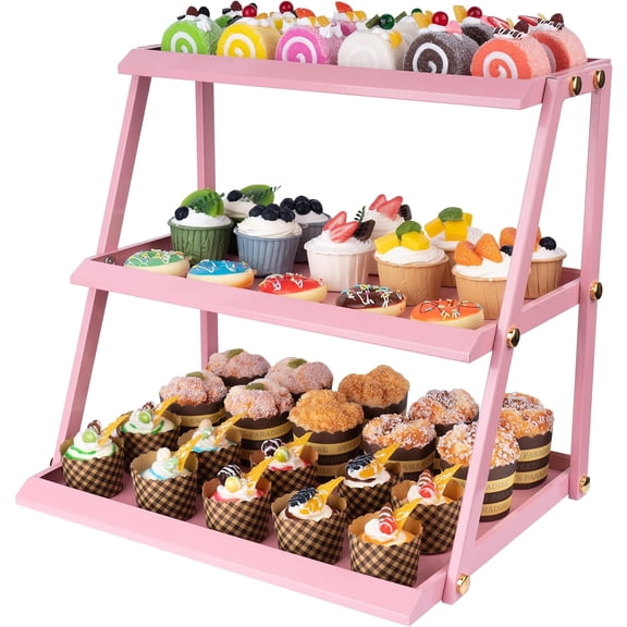 Thickened metal 3 Tier Cupcake Stand with Pink Coating - Elegant Dessert Tower- Cookie Tray Rack- Tea Party Serving Platter- Easy Assembly Pink Cake Stand for Wedding Baby Shower
