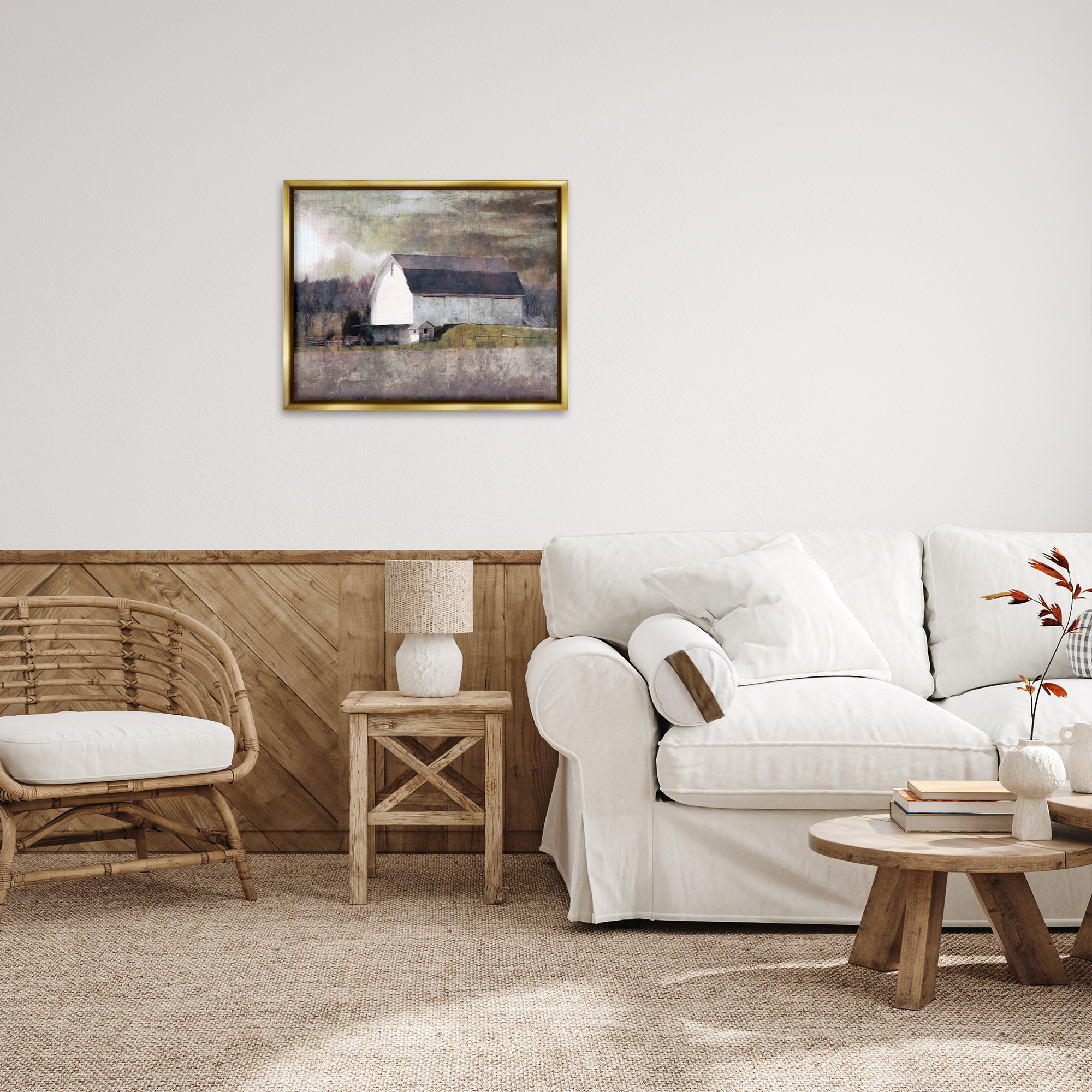 Stupell Industries Stormy Sky Country Farm Barn Landscape Painting Gold Floater Framed Canvas Art Print Wall Art, 31 x 25