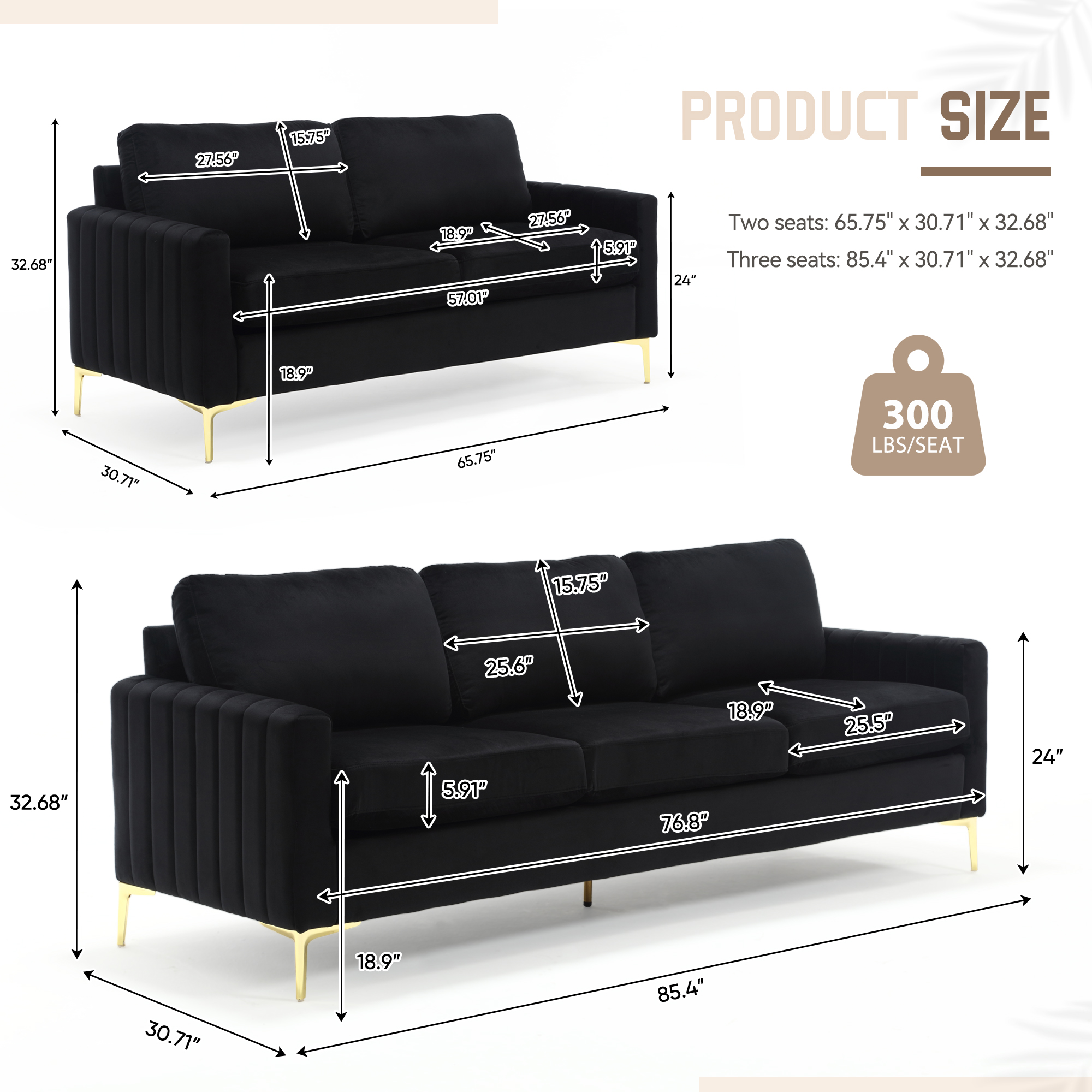Muumblus Velvet 3 Piece Modern Living Room Furniture Sofa Set, Black