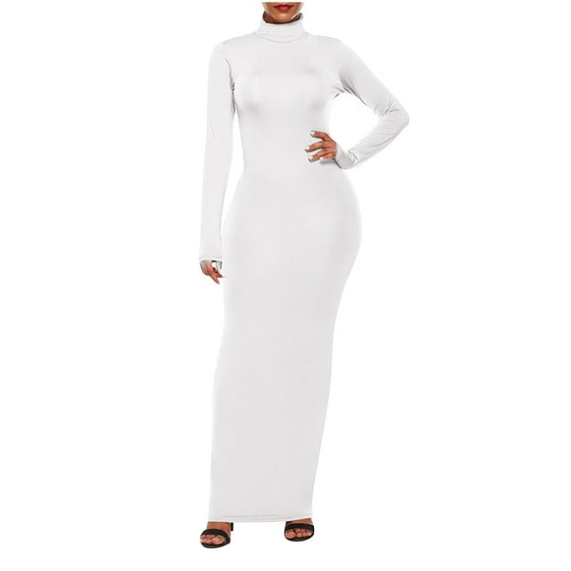 Weiqiqre Robes de Printemps pour Femmes 2025 Robe à Manches Longues Col Montant Basique Côtelée Coupe Ajustée Moulante Mini Crayon, Taille 2TG
