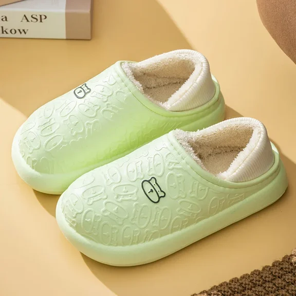 Cotton Slippers Home Bear Ladies Winter New Indoor Home Waterproof Non-slip Men and Women Plus Velvet Warm Confinement Shoes (Green,38-39)