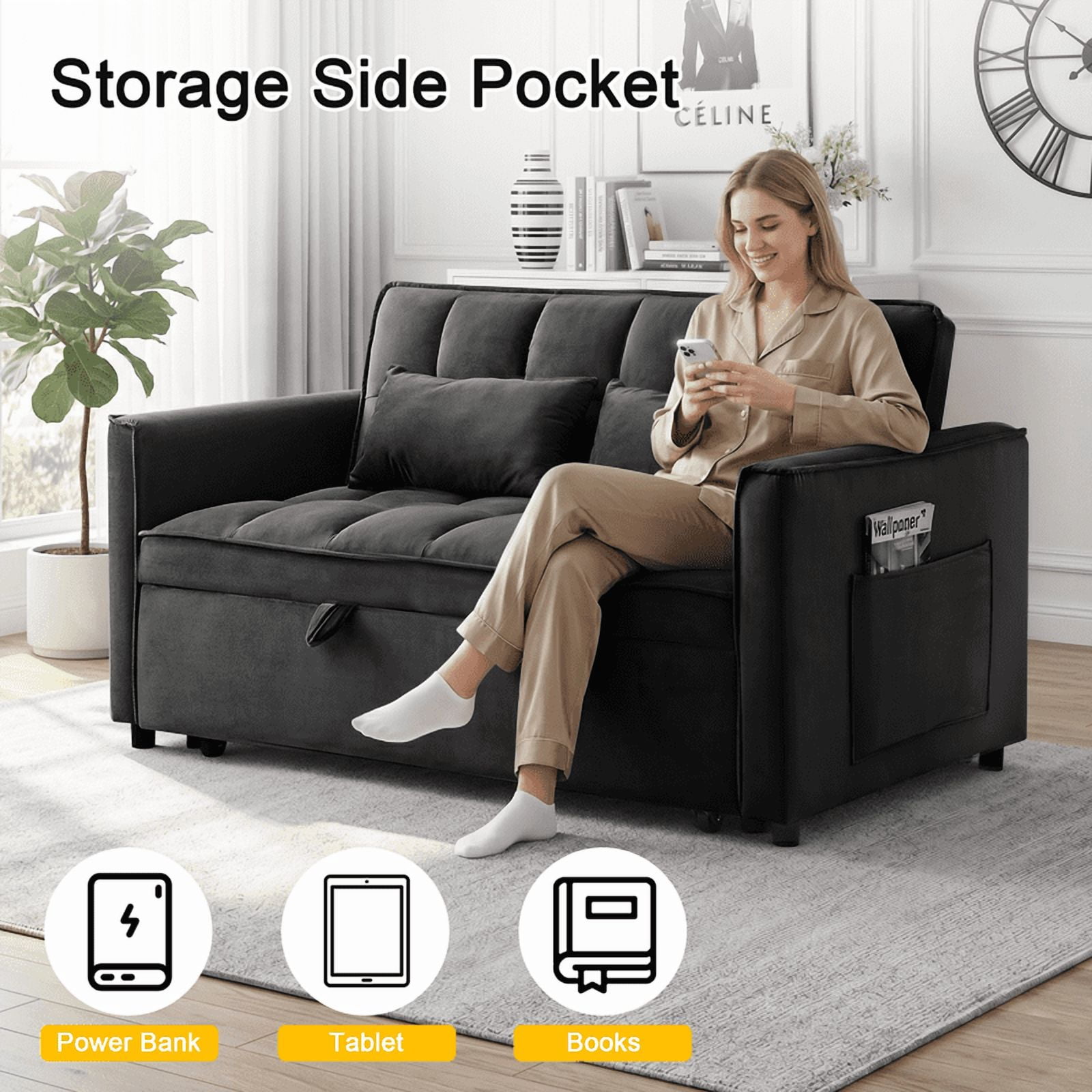 Gewnee 53 inch Convertible Sleeper Sofa Bed,Pull Out Loveseat Couch with Storage Pocket for Living Room,Apartment,Black02