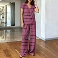 thumbnail image 4 of Women's Striped Print V Neck Short Sleeve Top Dual Pocket Wide Leg Pants 2 Piece Outfit, Loose Summer Casual Matching Set Purple L(L), 4 of 6