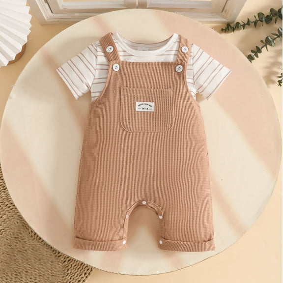 Toddler Boys Girls Short Sleeve Striped Tops T Shirt Suspenders Shorts Outfits Summer Casual Playwear SetBrown12-18 Months
