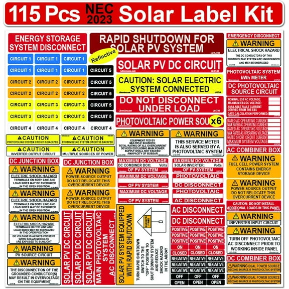 Ultimate 115 pk NEC 2023 Code Complaint Photovoltaic Solar System Label Kit Electrical Panel Safety