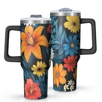 OBREWU Colorful Floral Pattern Tumbler with Handle and Lid,Colorful Floral Pattern 40oz Double Wall Vacuum Insulated Tumbler,Cups Gift for Women and Men