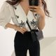 thumbnail image 5 of Camisa de mujer Verano Bordado Solapa Manga abullonada Blusa Retro Top, Blanco, XL tholdsy AP001497-03B, 5 of 7
