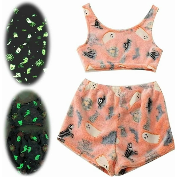 Spooky Vest Pajama Set, Halloween Glow-in-The-Dark Vest Pajamas Set, Cute Cozy Flannel Pumpkin & Ghost PJS Shorts Women