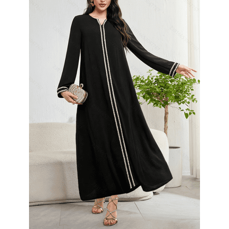Women's Black Abaya Maxi Dress, Gold & White Braided Embroidery Trim, Modest Islamic Kaftan for Eid