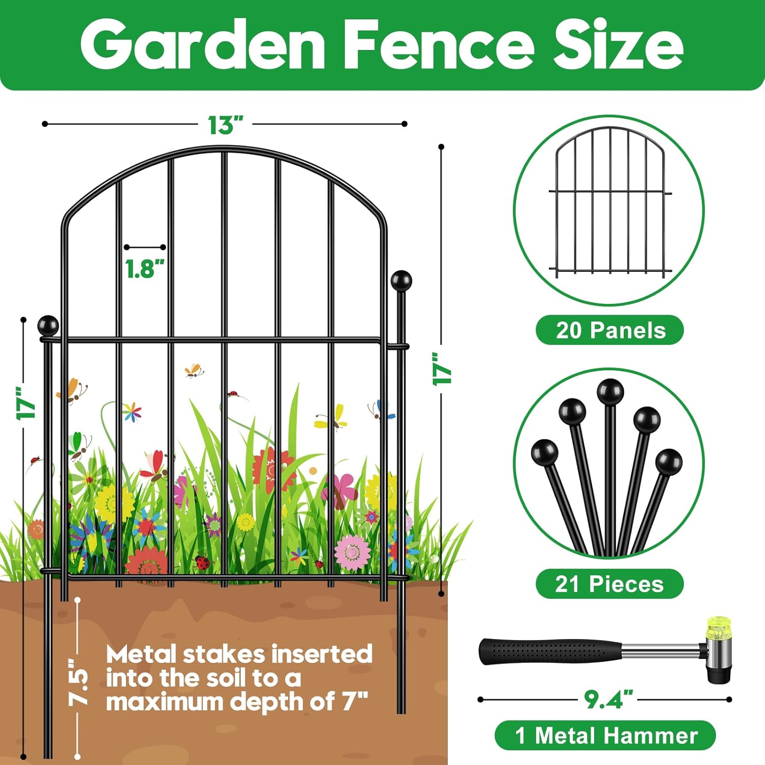 Decorative Garden Fence 17in (H) x20ft (L), Arched Rustproof Metal No Dig Fence for Dogs & Rabbit, Ornamental Animal Barrier for Flower Beds, Border Panels Fencing for Yard &  Outdoor Decor