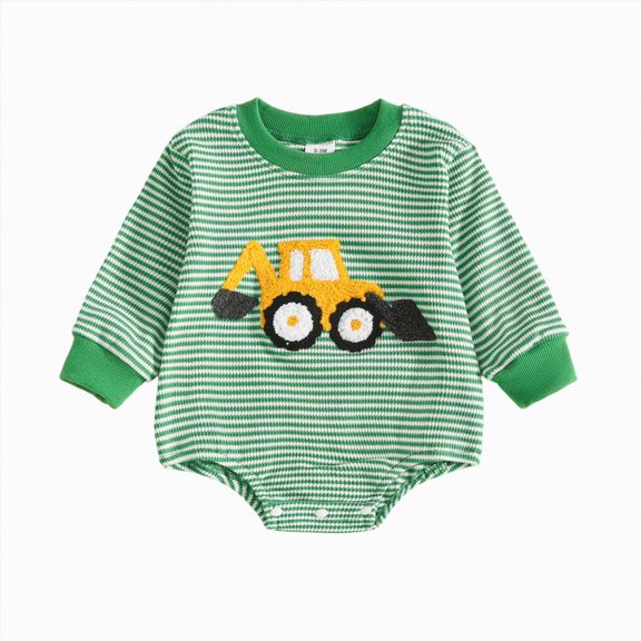 mgoYE Newborn Baby Boy Outfit Tractor Embroidery Striped Bubble Romper Long Sleeve Waffle Knit Bodysuit(Green,3-6 Months)