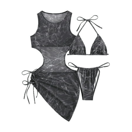 Women 3 Piece Swimsuits Halter Triangle String Bikini Set with Mesh Drawstring Cover Up Dress Beach Bathing Suit