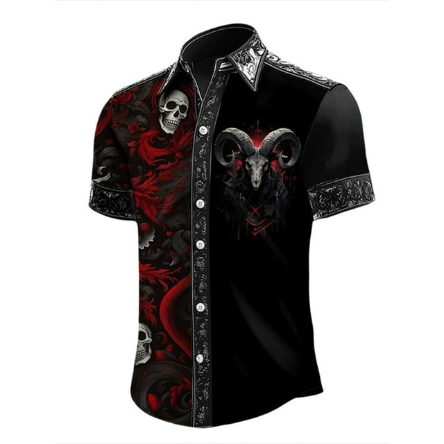 Chemise à Manches Courtes pour Homme à Imprimé de Squelette d'Halloween, Boutonnée, Décontractée et Stylée, Haut de Fête Gothique, Mode, Coupe Confortable