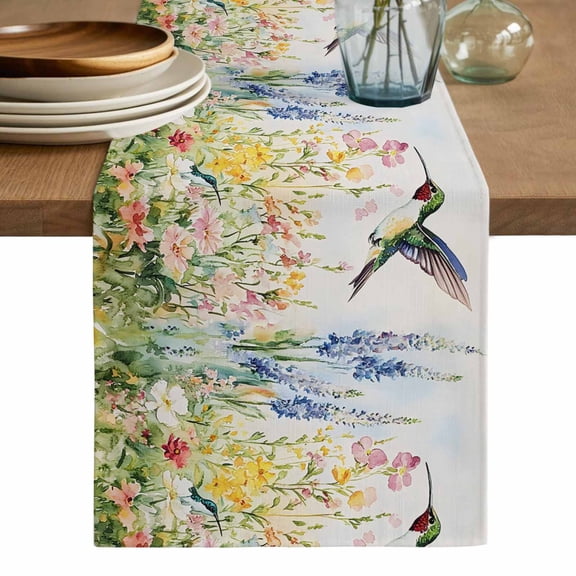 Floral Hummingbird Table Runner, Spring Watercolor Flowers Washable Cotton Linen Table Runners 72 Inches Long, Dresser Scarf Runner for Dining/Coffee/Kitchen/TV Stands/Cabinets 13''x72''