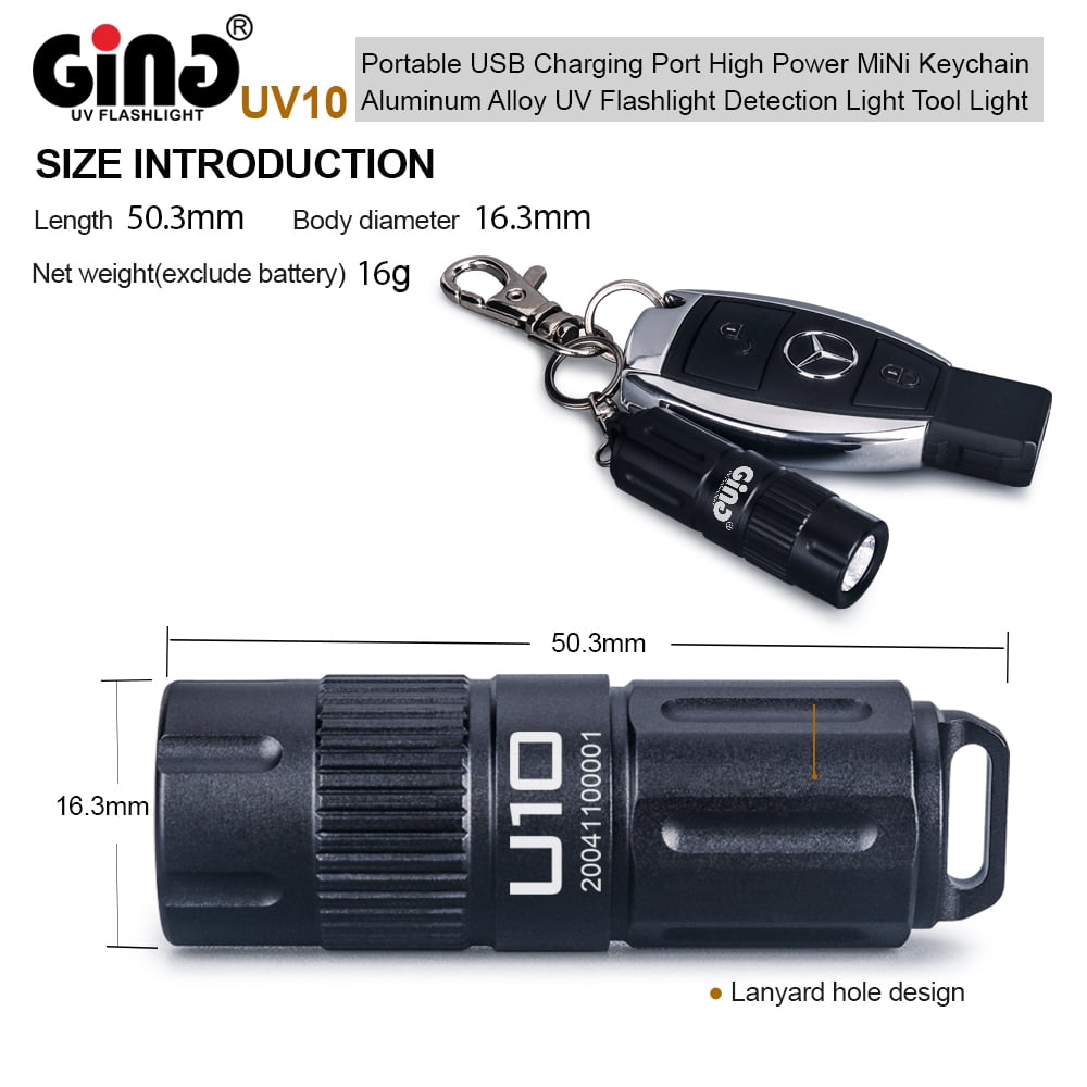 GING UV FLASHLIGHT 395nm Flashlight LED High-Power USB Rechargeable Mini Keychain UV Torch for Glue,Lamp -Spot Scorpions, Pet Urine, Counterfeit Money, Resin…(UV10-395nm)