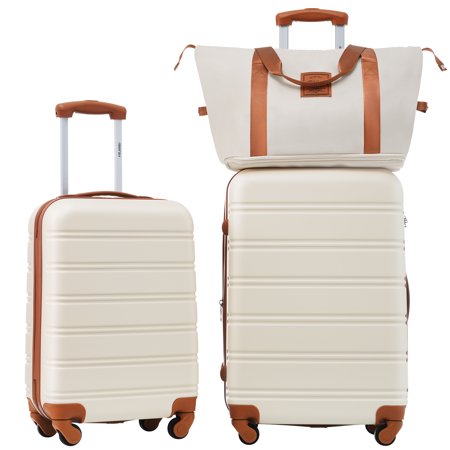 2-Piece Hardshell Luggage Set + Bonus Bag - Spinner Suitcases with TSA Lock, Lightweight and Sturdy(Brown+White)