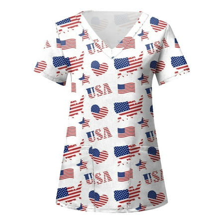 

Women Scrubs Top Independence Day Printed Daily V Neck 4th Of July Printed Short Sleeve Workout Casual Loose Tees Nurses Clothes With Pocket Daily Nursing Uniforms Nursing Care Working Uniforms
