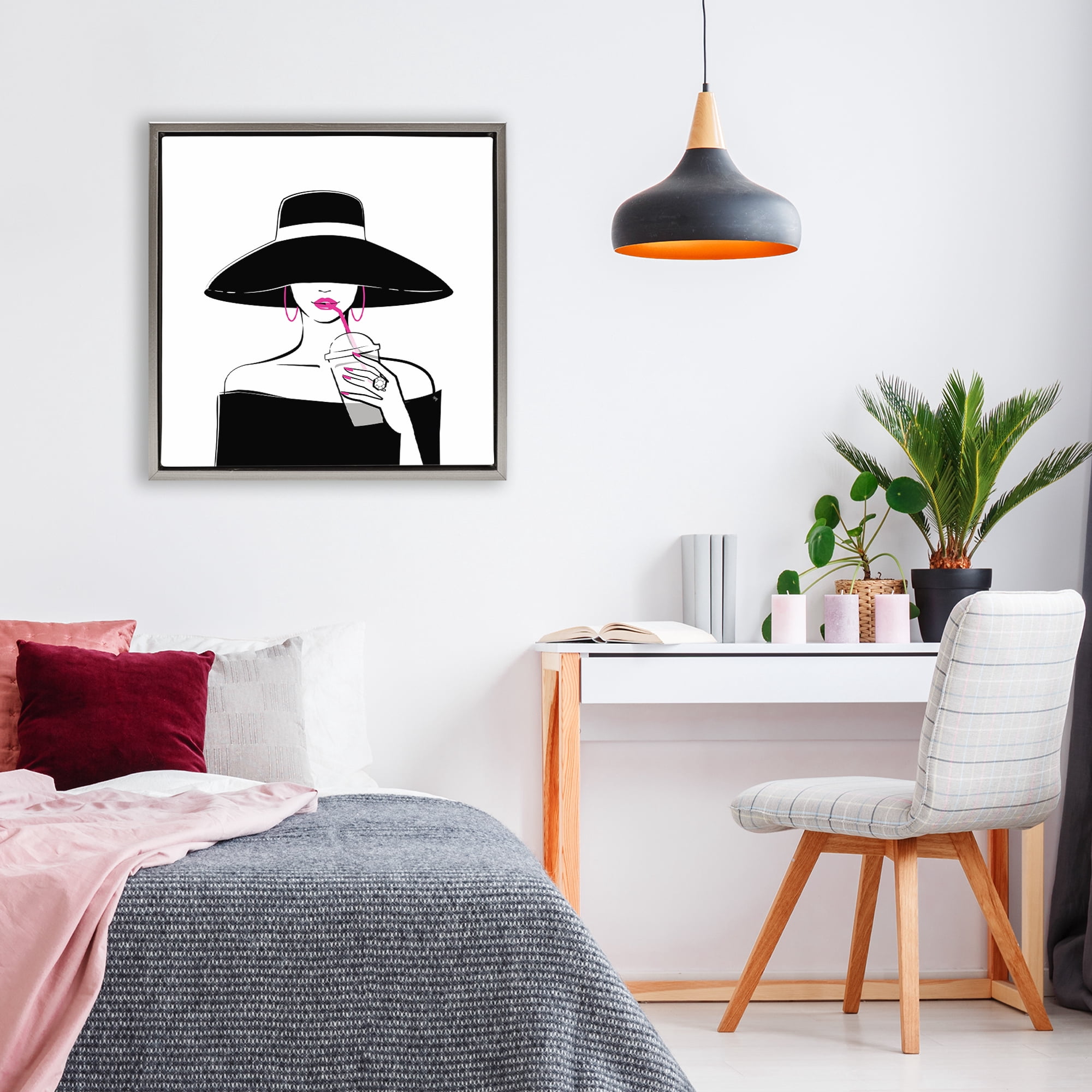 Stupell Industries Chic Black Hat Sipping Coffee Gray Framed Floater Canvas Wall Art, design by Martina Pavlova