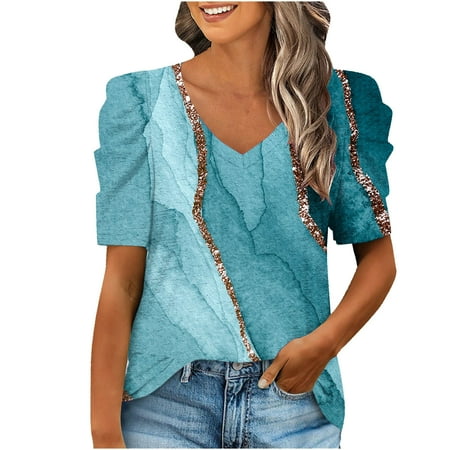 

Mrat Shirt Short Sleeve V-Neck Shirts Ladies Summer Casual T-shirt V-Neck Cute Puff Sleeve Printed Pullover Blouse Tops Scrub Tops Female