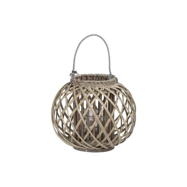 Urban Trends Collection 57625 Bamboo Round Bellied Lantern with Rope Handle, Wooven Rim Mouth & Diagonal Lattice Design Body, Hurricane Glass Candle Holder & Weathered Finish Dark Elm - Large