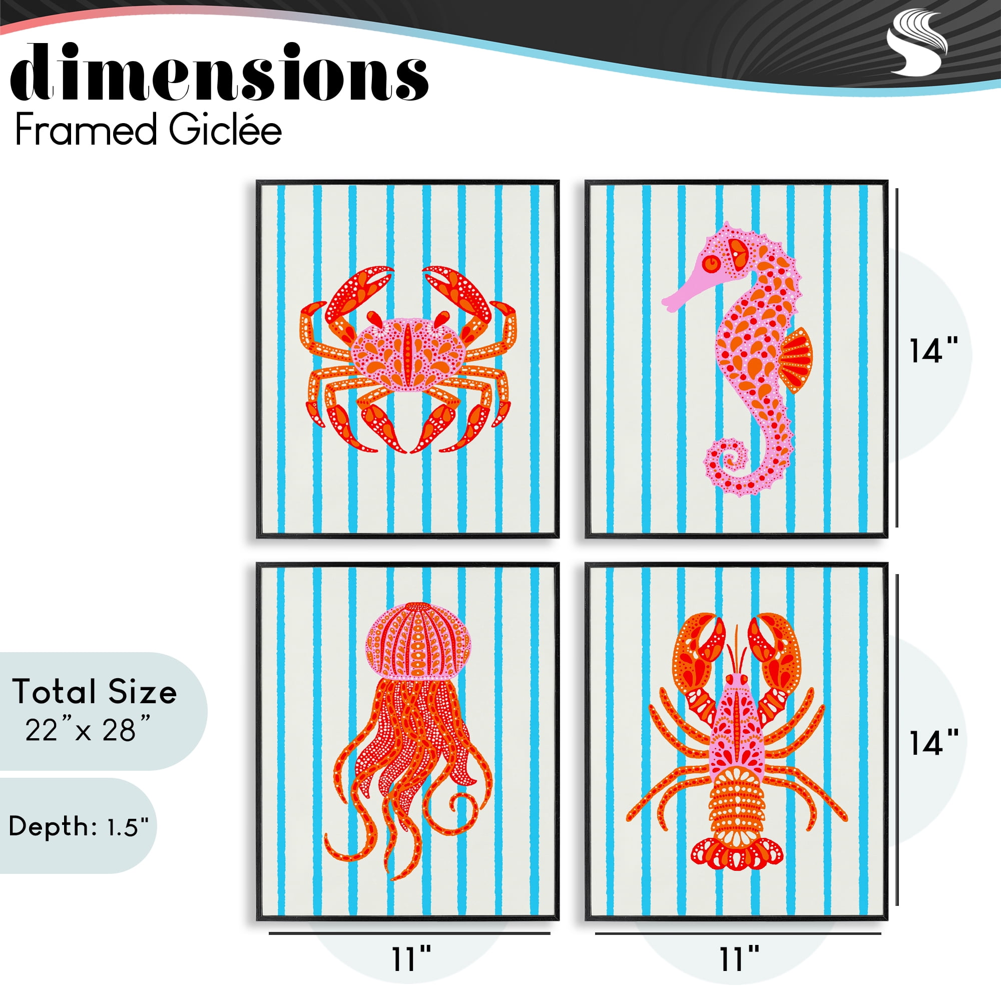 Stupell Industries Bright Sea Creatures on Stripes 4 Piece Black Framed Giclee Art Set, design by Indira Prieto | IndySign