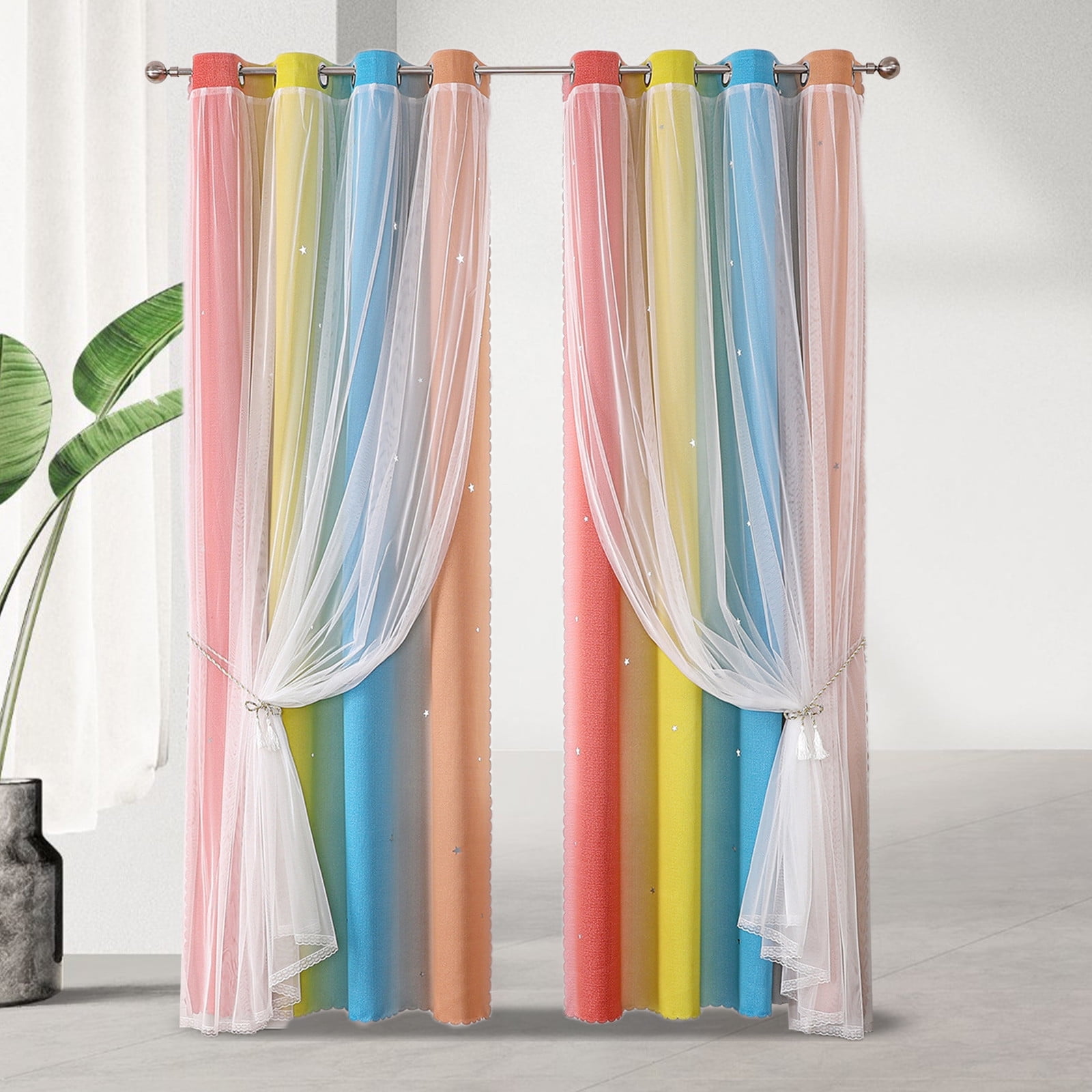 2-in-1 Double-Layer Kids & Girls Unicorn Princess Ombre Blackout Curtains with Foil Print Sheer,Panels for Bedroom, Nursery, Living Room - Yellow Purple Blue, 52W x 63L
