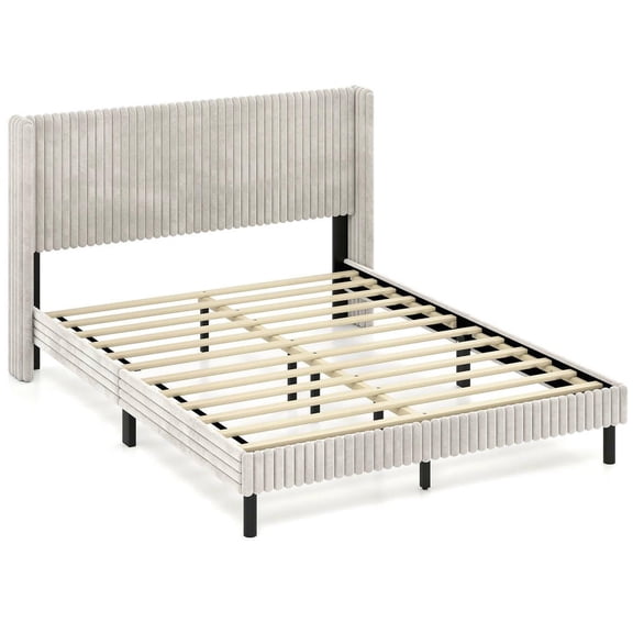 Kadyn Queen Size Velvet Sturdy Bed Frame with Vertical Channel Tufted Wingback Headboard, Bedroom Platform Bed Frame, White