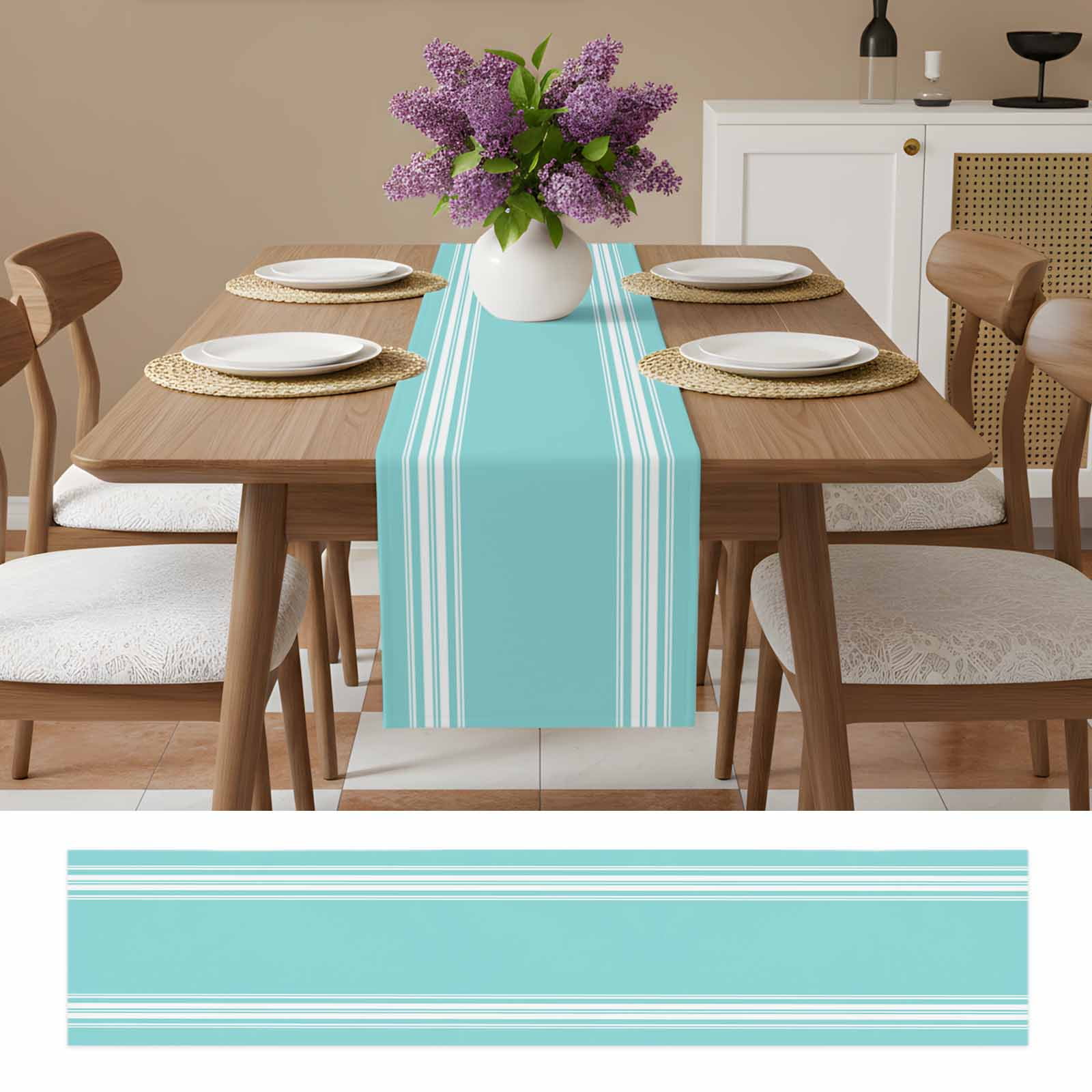 Aqua Striped Table Runner, Luxurious White Stripes Modern Abstract Art Cotton Linen Table Runners 120 Inches Long, Dresser Scarf Runner for Dining/Living Room/Kitchen/Square Tables 13''x120''