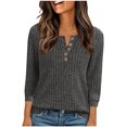 thumbnail image 2 of Breezora Women's Soft Brushed Knit Top V Neck Button Down Stripe Texture Three Quarter & Short Sleeve Casual Comfort XXL Size Dark Gray, 2 of 6