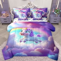 Castle Fairy Cute Animal Unicorn Twin Bedding Sets 7-Piece for Preppy Children Kids,Dreamy Princess Bedding Comforter Set Microfiber,Kawaii Rainbow Breathable Sheet Sets,Breathable Home Decor