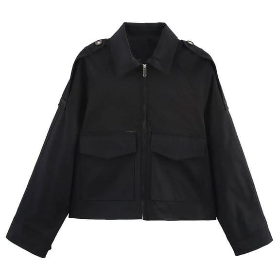 GEWSEY Women's Casual Lapel Pocket Zipper Long Sleeve Jacket Loose Fit Short Coats (Black, L)