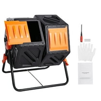 KFFKFF Composting Container, 37-Gallon Double Chamber Rotating Composter, Large Capacity Dual Spin Chambers with 2 Slide Doors and Metal Structure, BPA-Free Composting Barrel for Garden, Kitchen