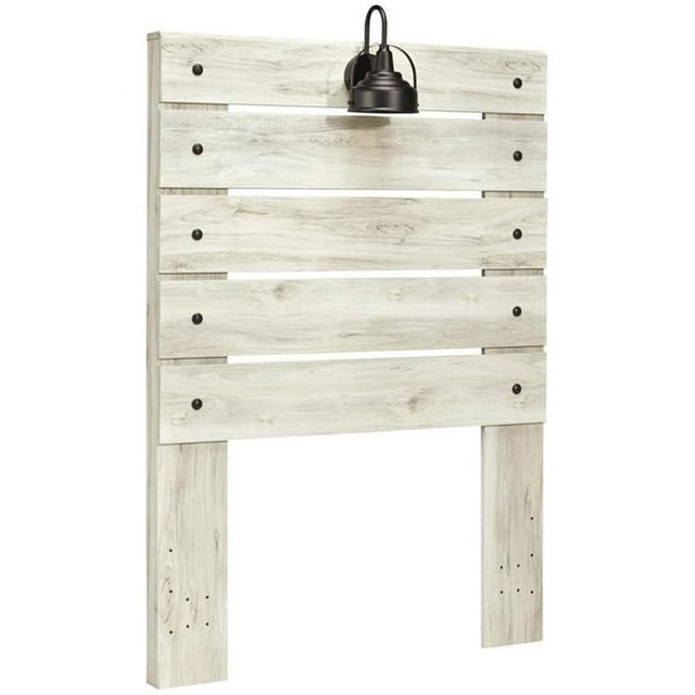 Benjara BM213321 Transitional Wooden Twin Size Panel Headboard with Slated Design & Lamp - White