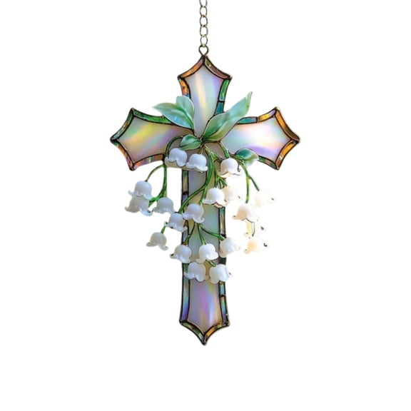Lily of the Valley Acrylic Suncatcher – Cross Shape Window Hanging Pendant,2D Art Ornament,Stained Glass Style Wall Decor for Home Garden Gift