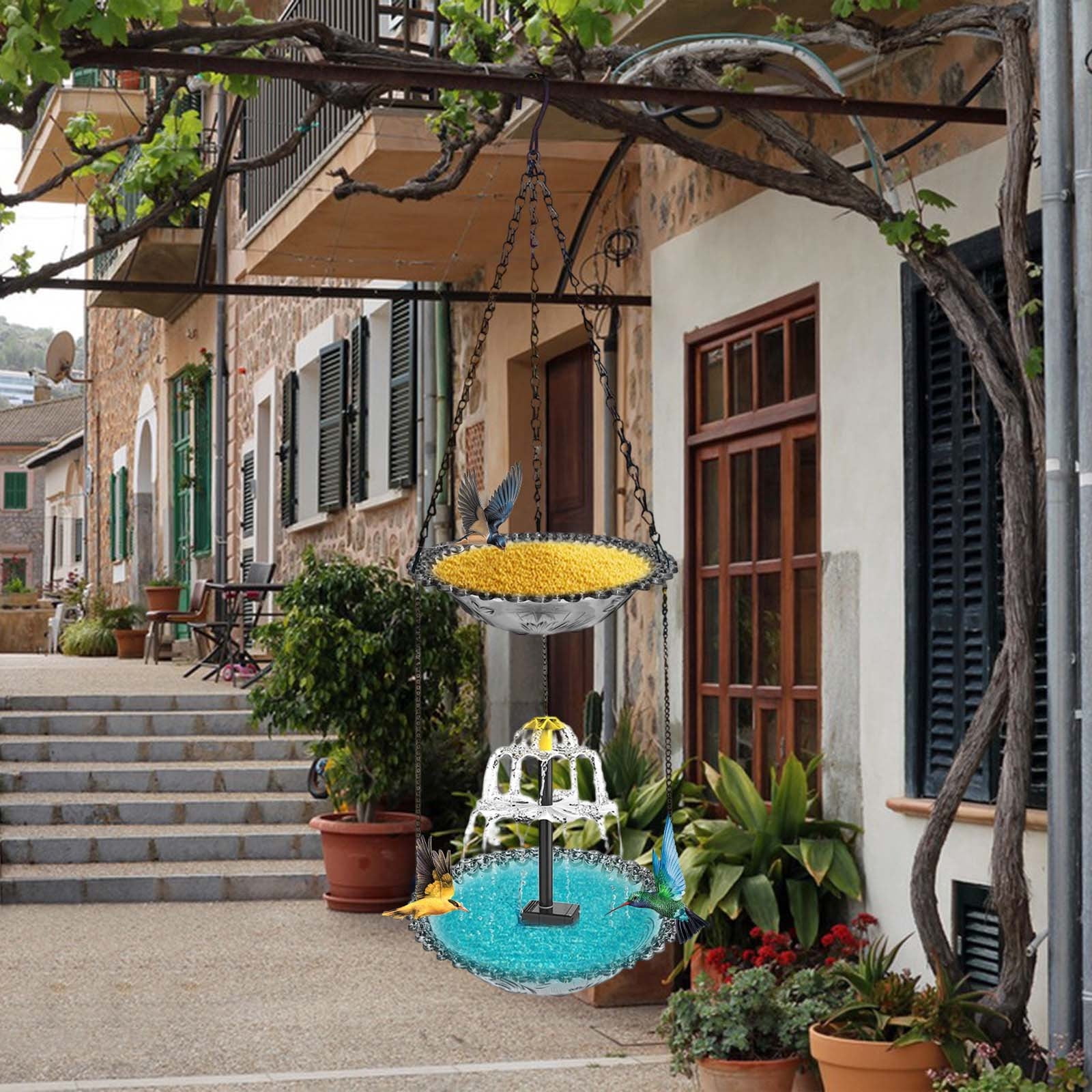 Solar Cascade Hanging Bird Bath Fountain, Double Layer Outdoor Hummingbird Bath with Feeder, Solar Powered Birdbath Water Kit, Decor for Patio Yard Garden