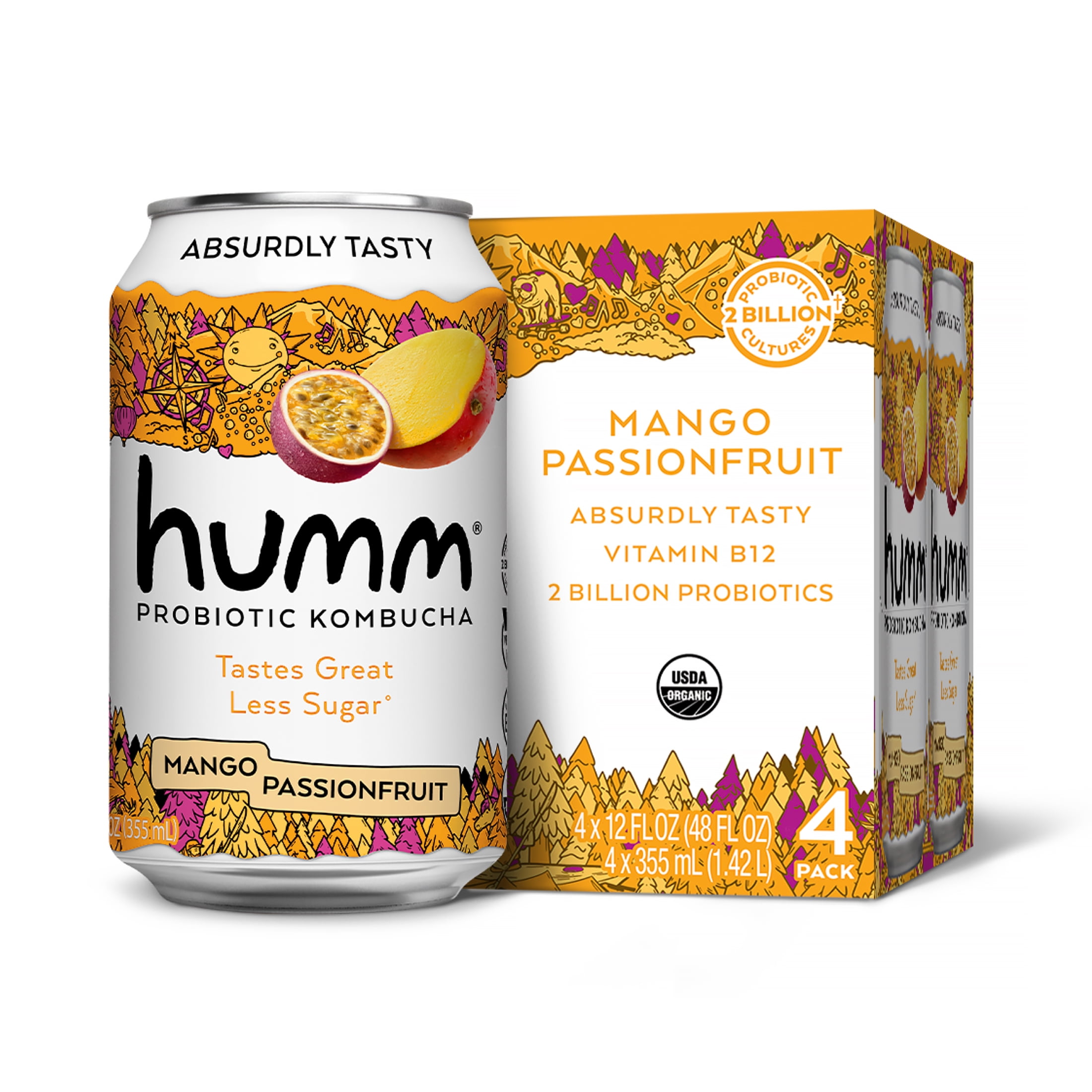 Humm Kombucha Mango Passionfruit - Organic, Vegan & GMO-Free (4 Pack)
