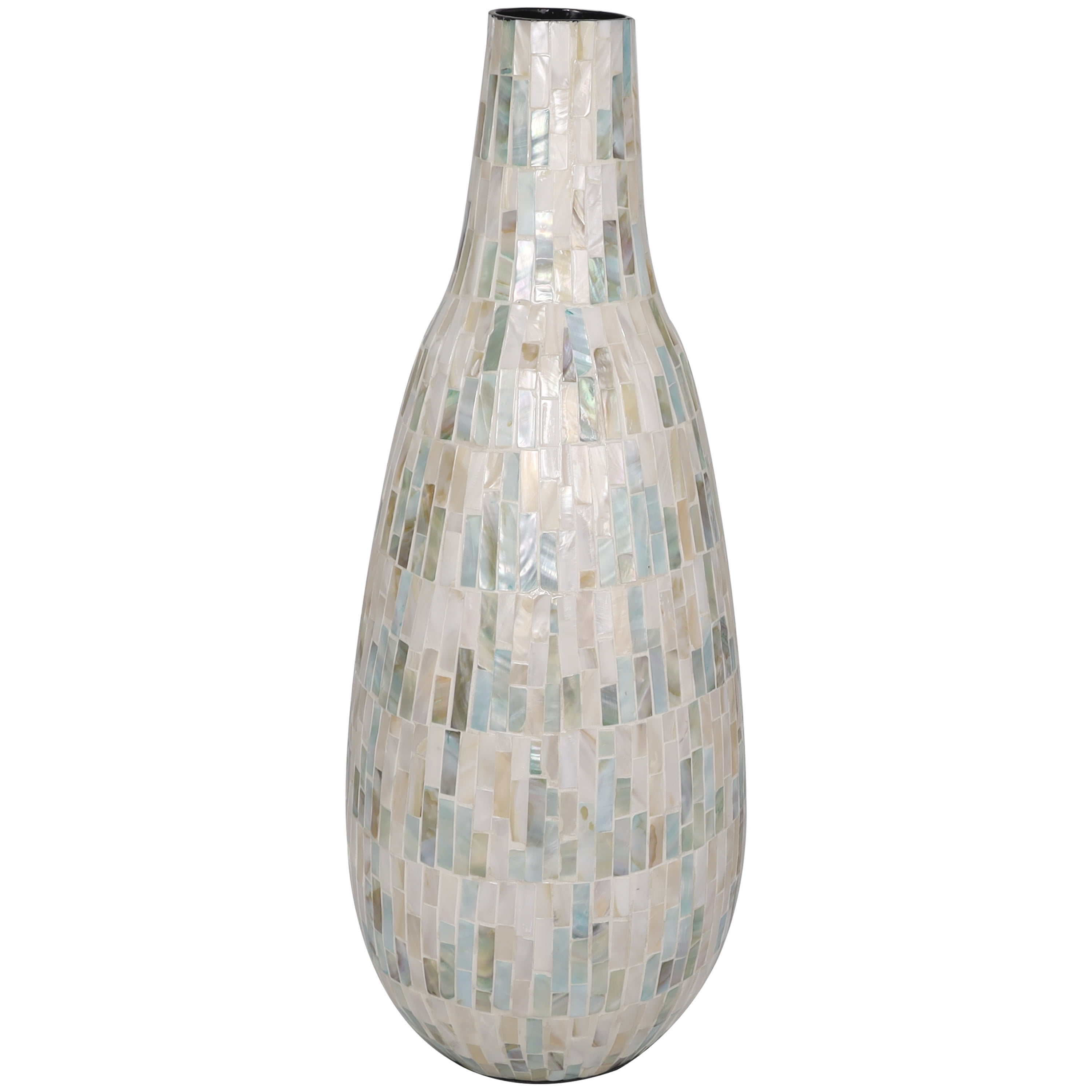 DecMode 21" Handmade Mosaic Inspired White Mother of Pearl Vase with Pastel Blue and Pink Accents