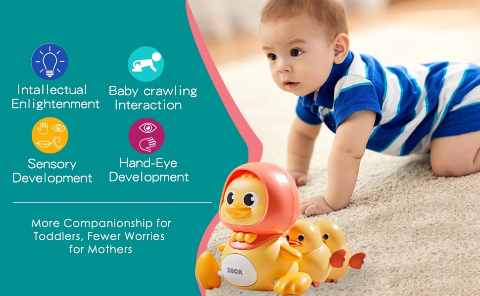 Baby Crawling Toys, Musical Ducks Toddler Toys, Early Education Kids Toys for Boys Girls Swing/Walking/Lights/Dancing Infant Tummy Time Toys Christmas Birthday Gifts (with 2 PCS Baby Duck)