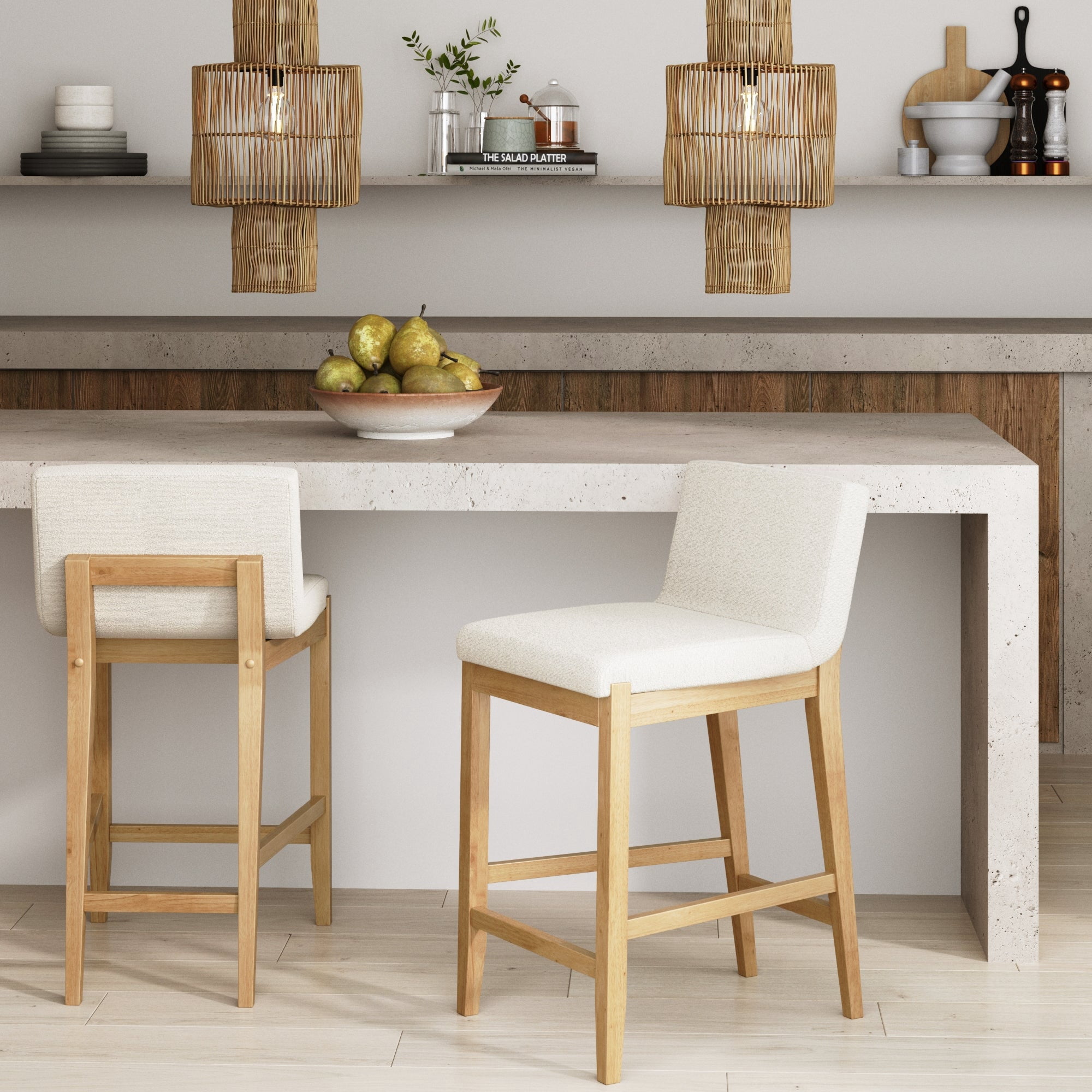 Nathan James Gracie Modern Counter Height Bar Stool with Back, Counter Stool Upholstered Chair with Natural Textured Linen and Brushed Wooden Legs, White/Light Brown, Set of 2