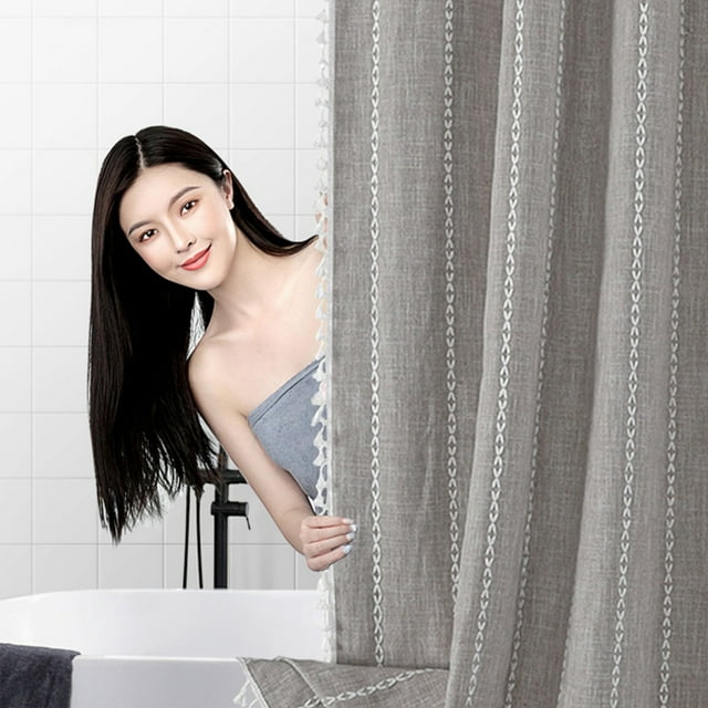 Doublure de Rideau de Douche, Crochets de Rideau de Douche, Rideau de Douche Bohème Ferme en Lin Tissu Rayé Résistant Ensemble de Rideau de Douche avec Franges Déperlant Vintage Bohème Pays Tissu Douche