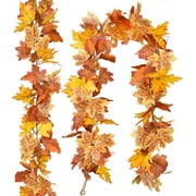2 Pack Artificial Maple Leaf Fall Garland , Fake Faux Autumn Foliage Garland Thanksgiving Decor for Party Table Fireplace Christmas Home Wedding Decorations