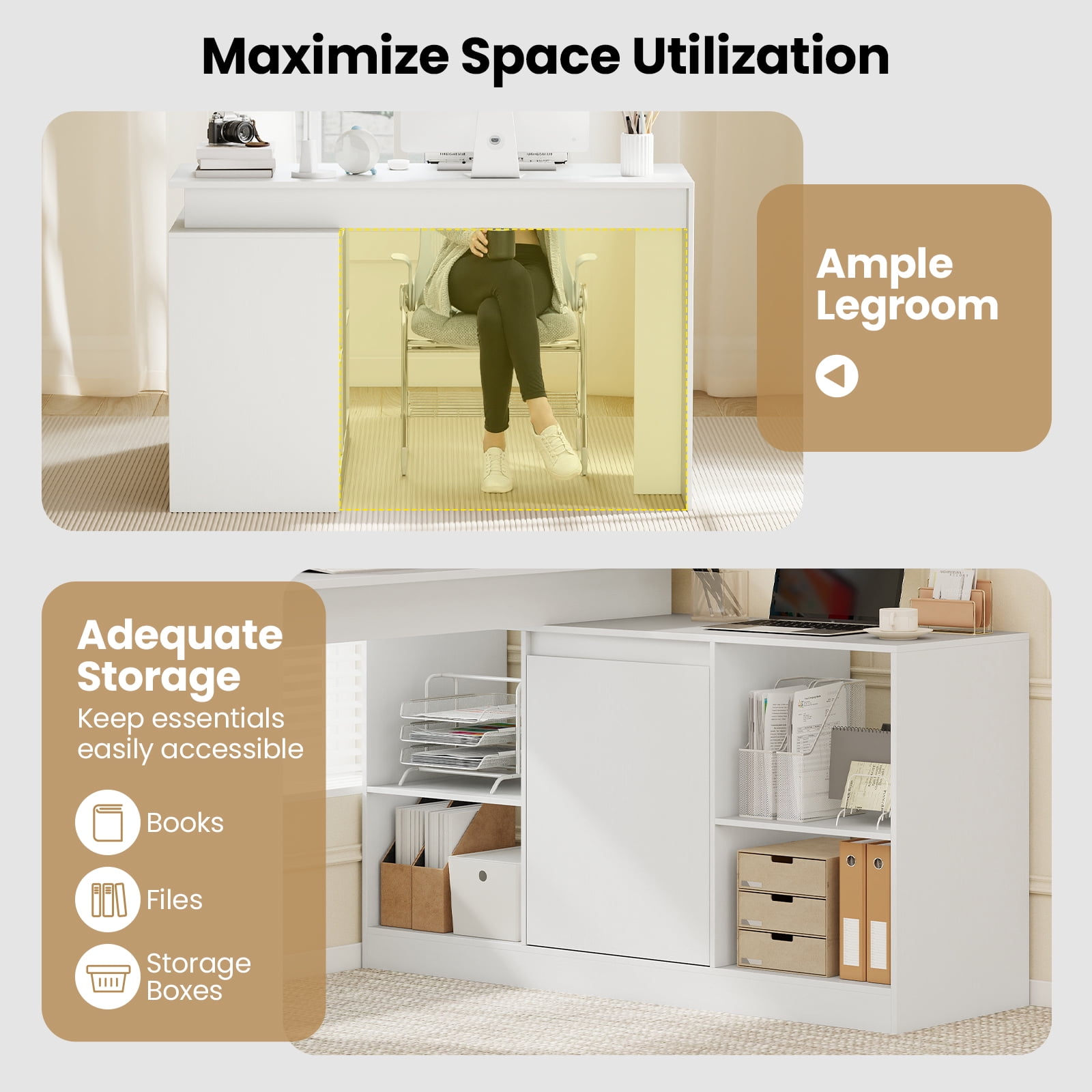 Gymax 48'' Reversible L-shaped Computer Desk w/2 Doors 4 Open Storage Cubes for Office White