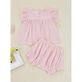 thumbnail image 2 of Seyurigaoka 2Pcs Infant Baby Girls Summer Outfits, Solid Color Round Neck Short Sleeve Lace Tops + Elastic Waist Shorts Set, 2 of 8