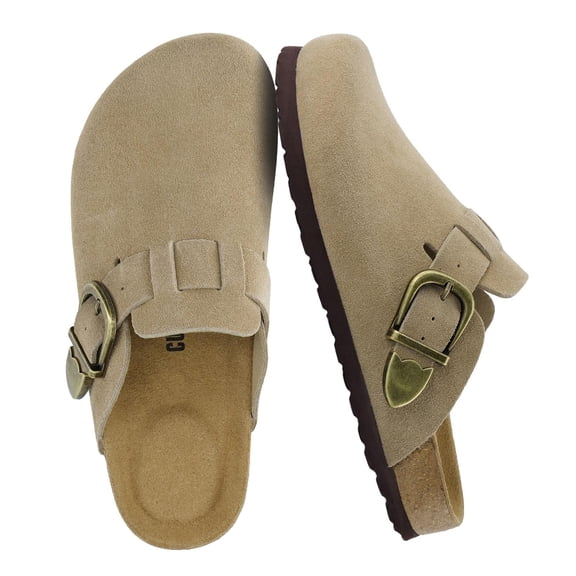 Cushionaire Hamlet Genuine Leather Suede Clogs for Women, Slip On Shoes with Detailed Metal Buckle Strap and Memory Foam Footbed