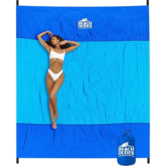 Sandproof Beach Blanket - Oversized 9'x7' XL Mat for Family | Waterproof, Quick-Dry Ripstop Nylon | Lightweight & Compact for Travel, Picnic, Camping w/ 4 Anchor Stakes & Carry Bag
