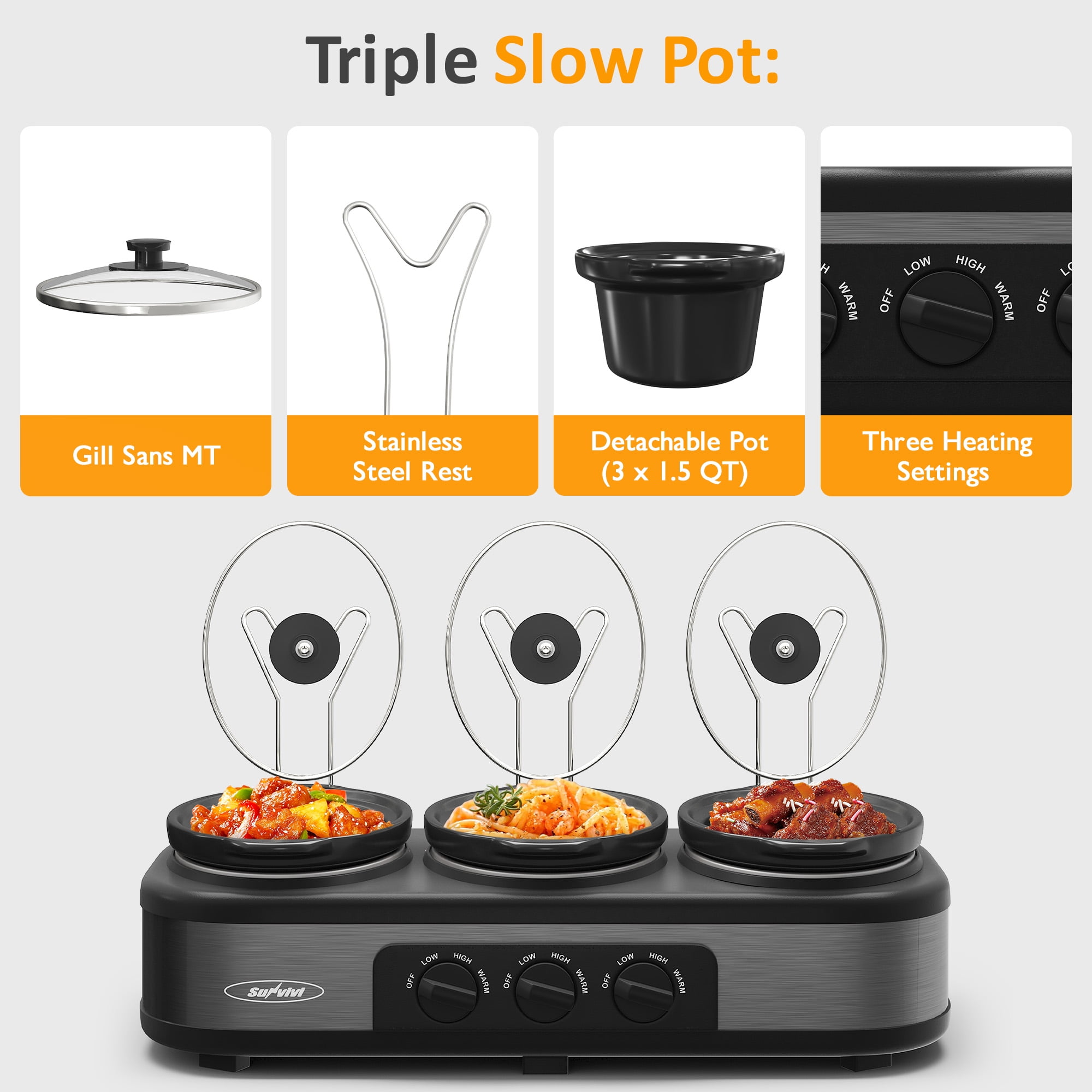 Triple Slow Cooker with 3 Spoons, 3 Pot 1.5 Quart Oval Crock Food Warmer Buffet Server, Stainless Steel