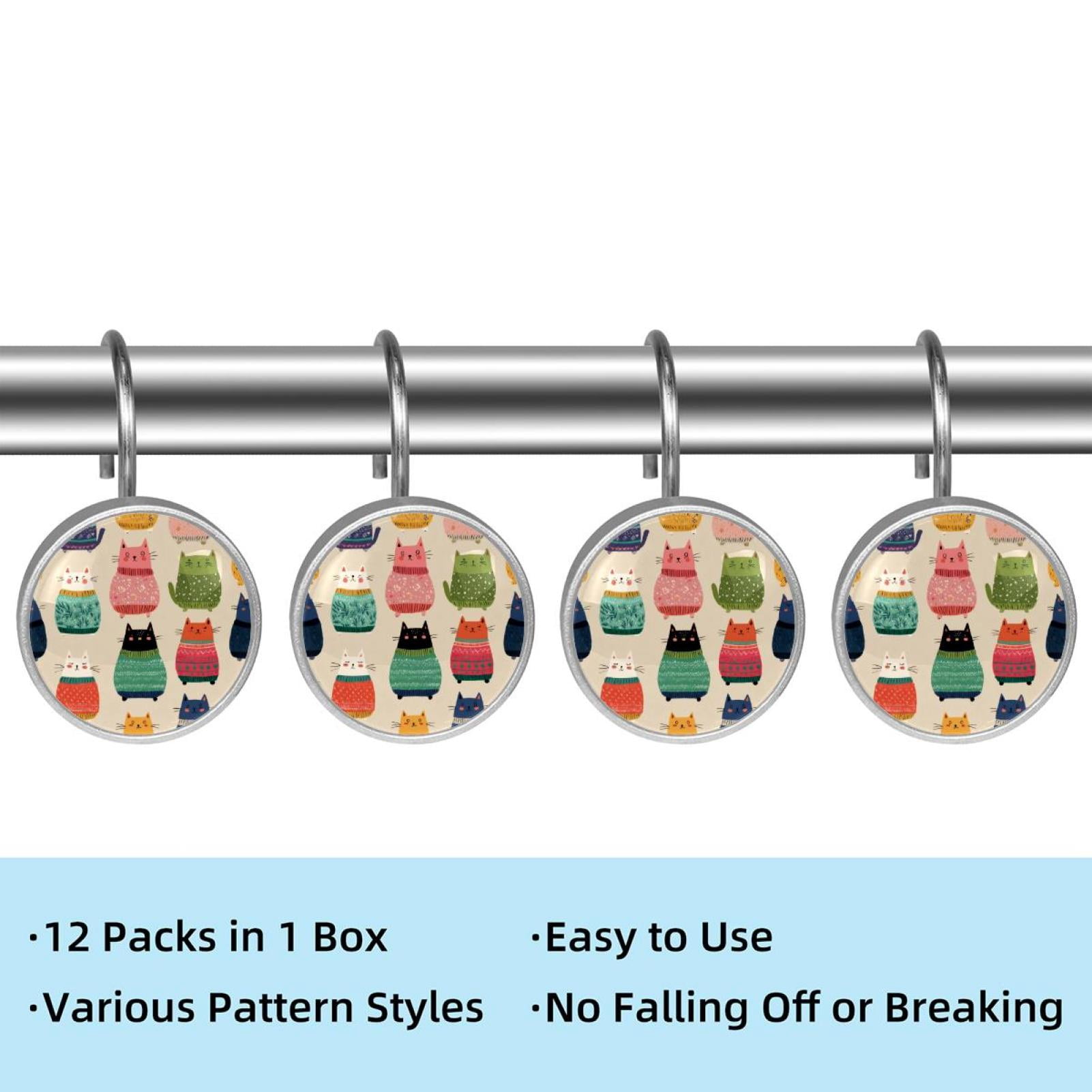 12pcs Decorative Shower Curtain Hooks, Rust Resistant Shower Rings for Bathroom Living Room,Rustproof Stainless Steel Rings for Shower Curtain and Liner Rods,Sweater Colorful Cat