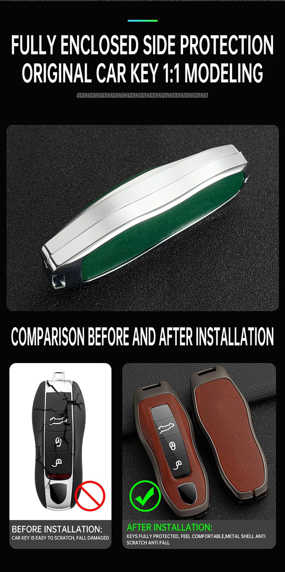 Smart Remote Key Fob Holder Fit for Porsche Metal Car Key Cover TPU Leather Key Jacket for Boxster Cayenne Panamera Cayman Macan Carrera 911 991