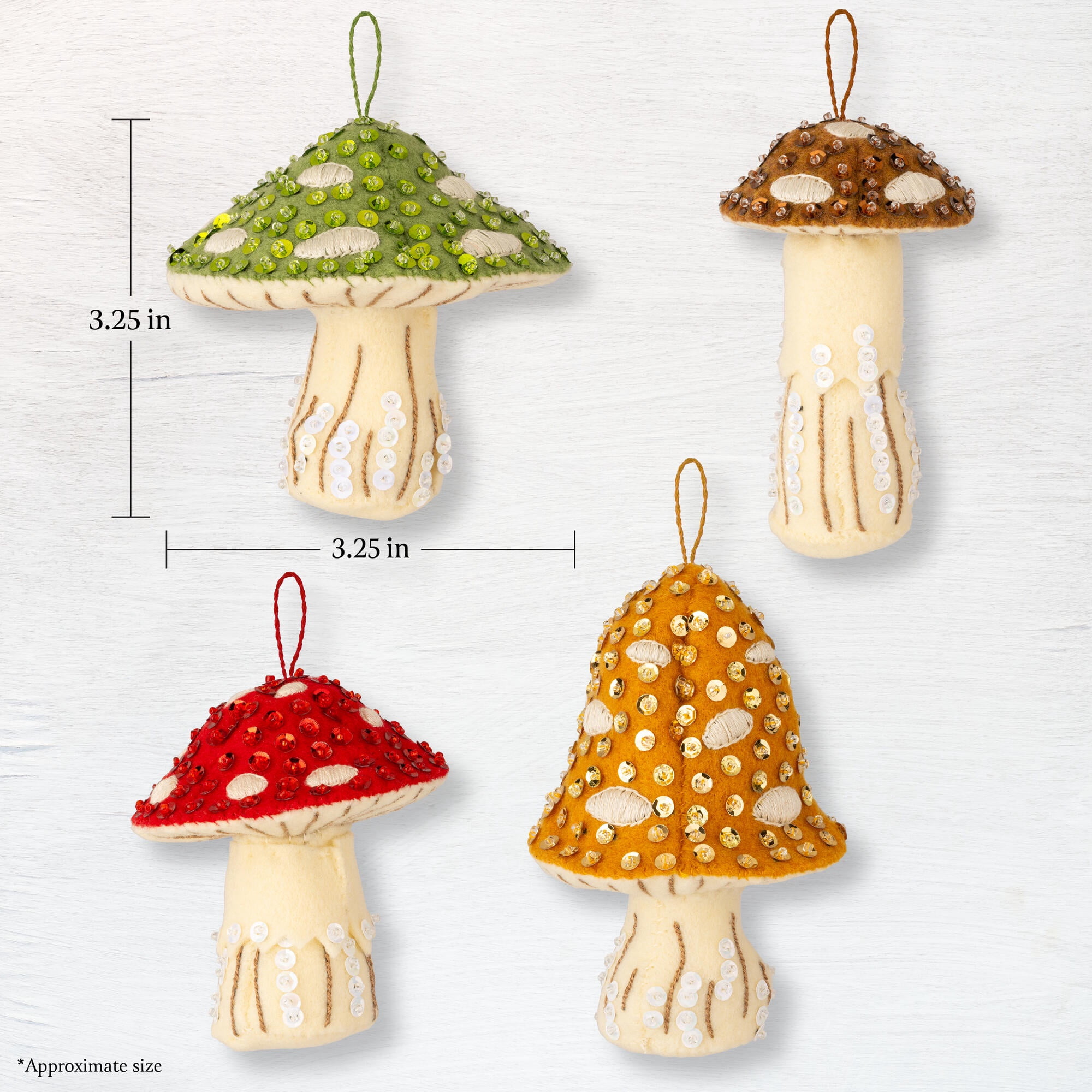 Bucilla Merry Mushrooms 4 Count Felt Applique Ornament Kit, 3.25 x 4 in